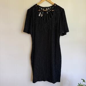 Laurence Kazar New York 1980's Vintage Beaded Black Silk Cutout Dress Size L